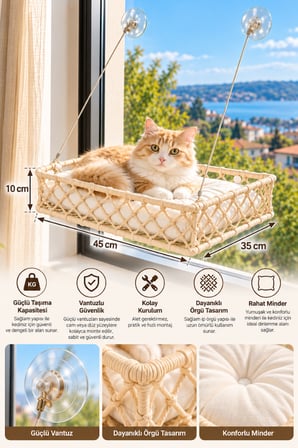 Reyo Tasaryum El İşçiliği Bohem Makrome Kedi ve Küçük Köpek Cam Hamak Yatağı Güçlü Vantuzlu, Minderli - Krem