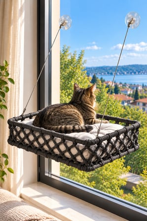 Reyo Tasaryum El İşçiliği Bohem Makrome Kedi ve Küçük Köpek Cam Hamak Yatağı Güçlü Vantuzlu, Minderli - Antrasit