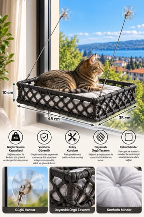 Reyo Tasaryum El İşçiliği Bohem Makrome Kedi ve Küçük Köpek Cam Hamak Yatağı Güçlü Vantuzlu, Minderli - Antrasit