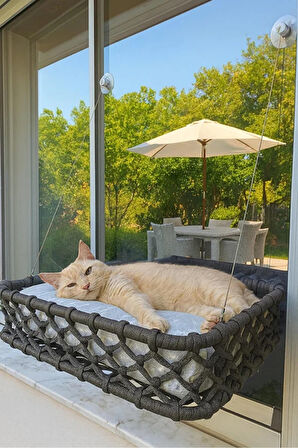 Reyo Tasaryum El Örgüsü Kedi ve Köpek Vantuzlu Cam Yatağı, Kedi Hamağı Puf Minderli Antrasit