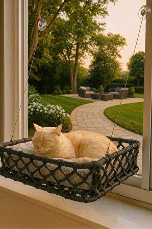 Reyo Tasaryum El Örgüsü Kedi ve Köpek Vantuzlu Cam Yatağı, Kedi Hamağı Puf Minderli Antrasit