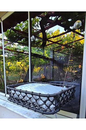 Reyo Tasaryum El Örgüsü Kedi ve Köpek Vantuzlu Cam Yatağı, Kedi Hamağı Puf Minderli Antrasit