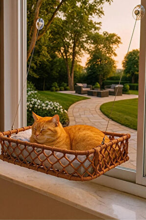 Reyo Tasaryum El Örgüsü Kedi ve Köpek Vantuzlu Cam Yatağı, Kedi Hamağı Puf Minderli Kahverengi