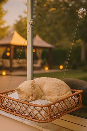 Reyo Tasaryum El Örgüsü Kedi ve Köpek Vantuzlu Cam Yatağı, Kedi Hamağı Puf Minderli Kahverengi