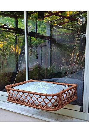 Reyo Tasaryum El Örgüsü Kedi ve Köpek Vantuzlu Cam Yatağı, Kedi Hamağı Puf Minderli Kahverengi