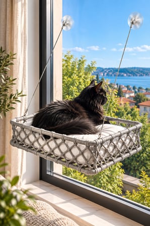 Reyo Tasaryum El İşçiliği Bohem Makrome Kedi ve Küçük Köpek Cam Hamak Yatağı Güçlü Vantuzlu, Minderli - Gri