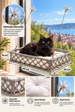 Reyo Tasaryum El İşçiliği Bohem Makrome Kedi ve Küçük Köpek Cam Hamak Yatağı Güçlü Vantuzlu, Minderli - Gri