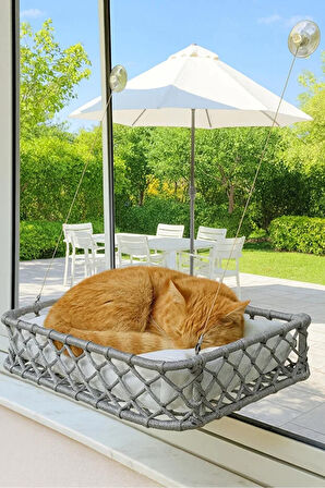 Reyo Tasaryum El Örgüsü Kedi ve Köpek Vantuzlu Cam Yatağı, Kedi Hamağı Puf Minderli Gri