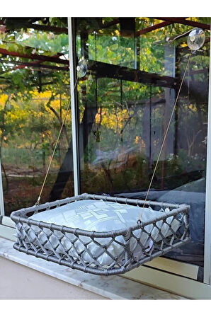 Reyo Tasaryum El Örgüsü Kedi ve Köpek Vantuzlu Cam Yatağı, Kedi Hamağı Puf Minderli Gri