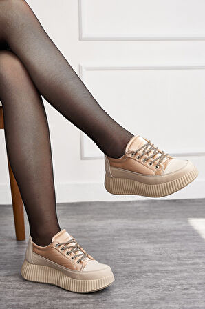 Günlük Kadın Sneaker Taşlı Bağcıklı Tırtıklı Kalın Taban Rugan Oval Burun Hafif Spor Ayakkabı  77504