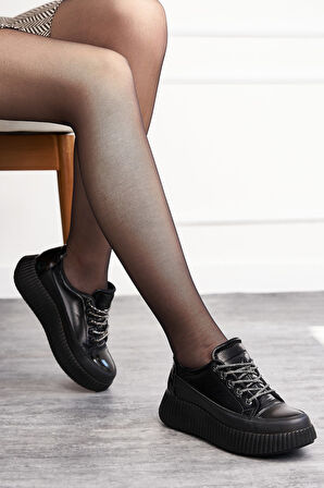 Günlük Kadın Sneaker Taşlı Bağcıklı Tırtıklı Kalın Taban Rugan Oval Burun Hafif Spor Ayakkabı  77504