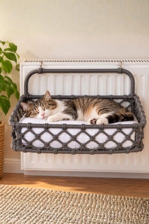Reyo Tasaryum 48x35 cm Kedi Köpek Kalorifer Yatağı, Radyatöre Asılan Kedi Hamağı, Puf Minderli El Yapımı Evcil Hayvan Yatağı – Füme