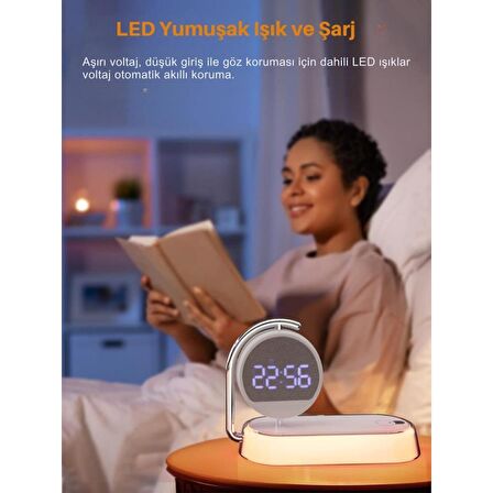 Coofbe 3in1 240Mah 15W Kablosuz Şarj Ayarlanabilir Led Gece Lambası Masaüstü Dönebilen Çalar Saat 