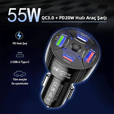 Coofbe Super Şarj 4 Port 55W Araç Şarjı Araç Çakmaklık Şarjı 2x Usb 2x Type-c Araç Şarj Çoklayıcı