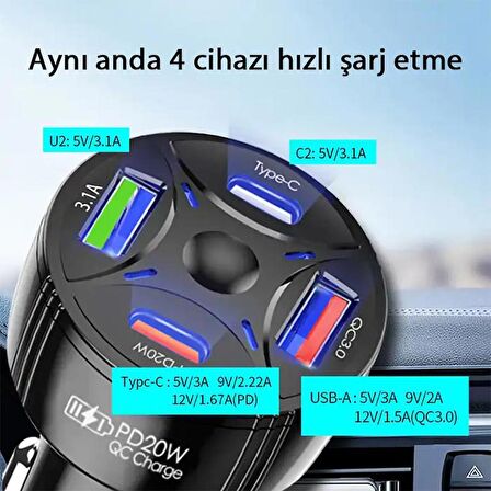 Coofbe Super Şarj 4 Port 55W Araç Şarjı Araç Çakmaklık Şarjı 2x Usb 2x Type-c Araç Şarj Çoklayıcı