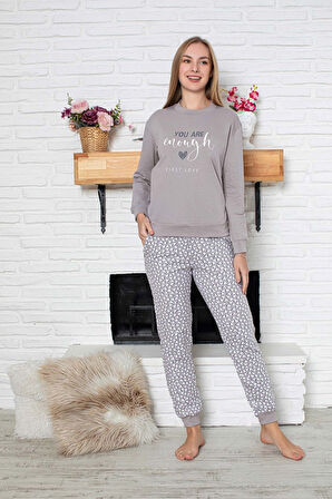 Kadın Bisiklet Yaka Bilek Manşet/Lastikli 2 İplik Pamuk Cepli Kışlık Jogger Eşofman Pijama Takımı