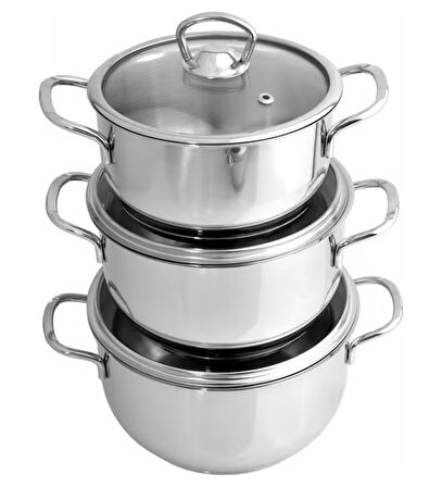 Ekonomi Dünyası Cam Kapaklı Çelik Tencere Seti 3'lü Tencere Güveç Set 14-16-cm