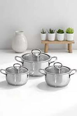 Ekonomi Dünyası Cam Kapaklı Çelik Tencere Seti 3'lü Tencere Güveç Set 14-16-cm