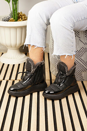 Günlük Kadın Kar Botu Kürklü Bağcıklı Fermuarlı Rugan Rahat Yüksek Kalın Tırtıklı Taban Bootie 77546