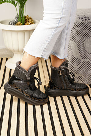 Günlük Kadın Kar Botu Kürklü Bağcıklı Fermuarlı Rugan Rahat Yüksek Kalın Tırtıklı Taban Bootie 77546