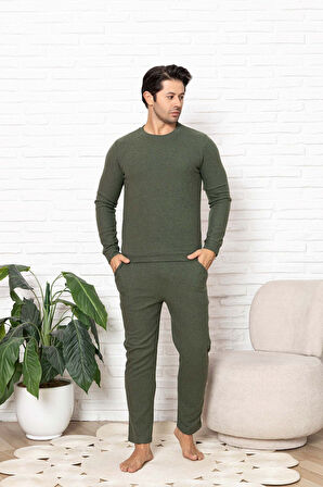 Erkek Bisiklet Yaka Düğmesiz Kışlık Waffle Pamuklu Kumaş Uzun Manşetli Kol Cepli Pijama Takımı 