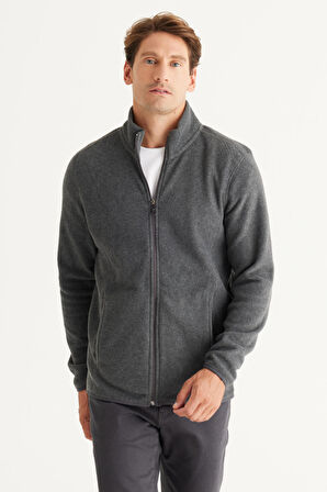Erkek Antrasit-Melanj Anti-Pilling Tüylenme Yapmayan Standart Fit Bato Yaka Sweatshirt Polar Ceket
