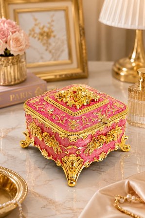 Kare Mücevher Takı Kutusu Yeşil Gold Dekoratif Takı Saklama Kutusu Metal Ayaklı 6x8x8 cm
