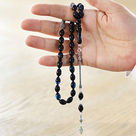 925 Ayar Gümüş Püsküllü Arpa Kesim Gümüş İsim Yazılı Mavi-Siyah Sıkma Kehribar Tesbih