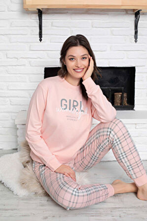 Kadın Bisiklet Yaka Düğmesiz Bilek Manşet/Lastikli 2 İplik Cepli Kışlık Jogger Eşofman Pijama Takımı