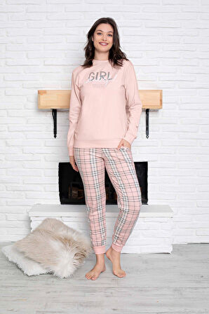 Kadın Bisiklet Yaka Düğmesiz Bilek Manşet/Lastikli 2 İplik Cepli Kışlık Jogger Eşofman Pijama Takımı