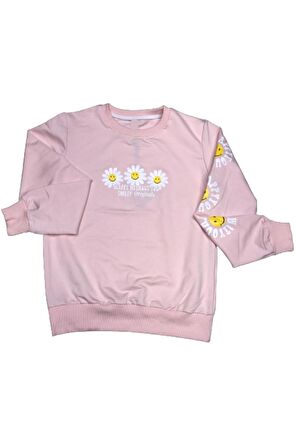 Kız Çocuk Papatya Desenli Sweatshirt (Pudra)