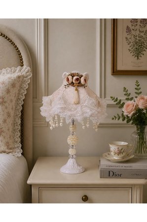 Vizon Kadife Kaplı Dantel Süsleme Krem Erengül Vintage Abajur 30x Diğer