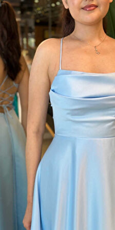 Mavi İp Askılı  Sırt Dekolteli  Kloş Etekli Saten Uzun Abiye Elbise 7764