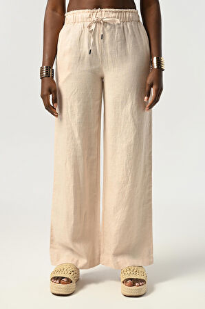 Kadın Beli Lastikli Bol Paça %100 Keten Beli Detaylı Pantolon