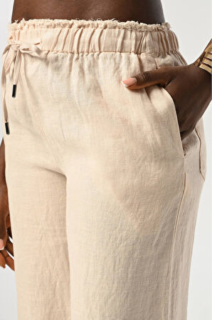 Kadın Beli Lastikli Bol Paça %100 Keten Beli Detaylı Pantolon