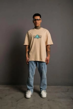 Erkek Sırt Baskılı T-shirt - Bej