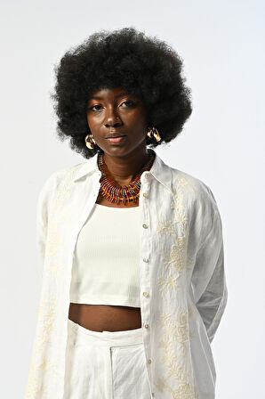 KADIN NAKIŞ İŞLEMELİ BEYAZ %100 KETEN GÖMLEK