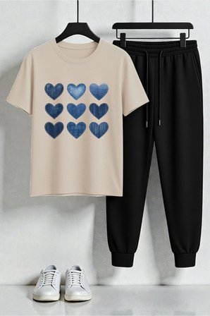 Unisex Jean Desenli Kalp Tasarım Baskılı Tişört - 2'li Eşofman Takımı