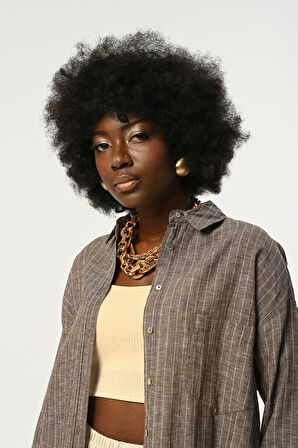 KADIN ÇİZGİLİ TEK CEPLİ KAHVERENGİ OVERSİZE GÖMLEK