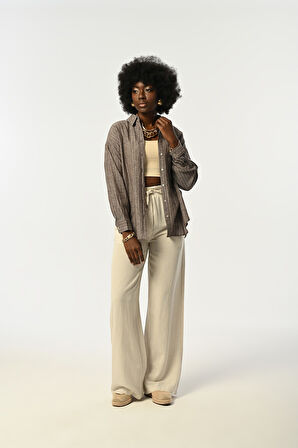 KADIN ÇİZGİLİ TEK CEPLİ KAHVERENGİ OVERSİZE GÖMLEK