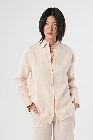 KADIN %100 KETEN YANLARI DÜĞME DETAYLI GÖMLEK