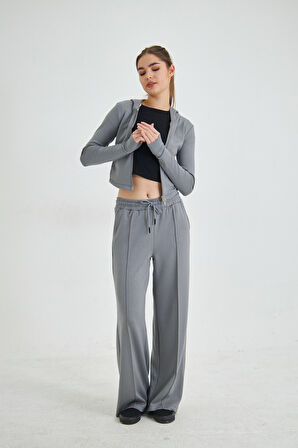 Fermuarlı Kapüşonlu Sweatshirt ve Geniş Paça Özel Dikim Pantolon Modal Kumaş