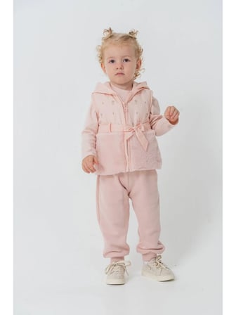Queenkids Kız Bebek 52021 Yelekli 3'lü Takım Pembe