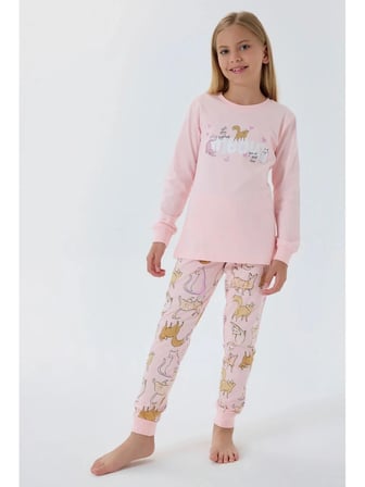 KIZ ÇOCUK KEDİLİ PİJAMA TAKIMI AÇIK PEMBE