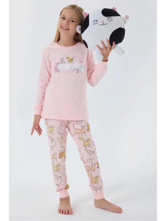 KIZ ÇOCUK KEDİLİ PİJAMA TAKIMI AÇIK PEMBE