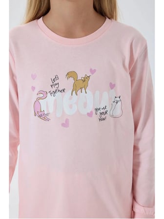 KIZ ÇOCUK KEDİLİ PİJAMA TAKIMI AÇIK PEMBE