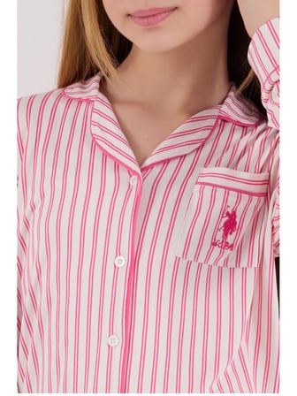  KIZ ÇOCUK ÇİZGİLİ GÖMLEK PİJAMA TAKIMI PEMBE