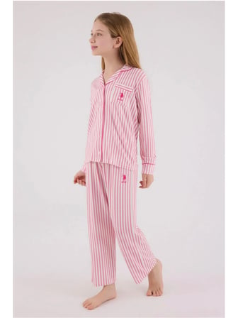  KIZ ÇOCUK ÇİZGİLİ GÖMLEK PİJAMA TAKIMI PEMBE