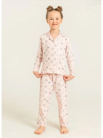 RP3903 KIZ ÇOCUK GÖMLEK PİJAMA TAKIMI PUDRA