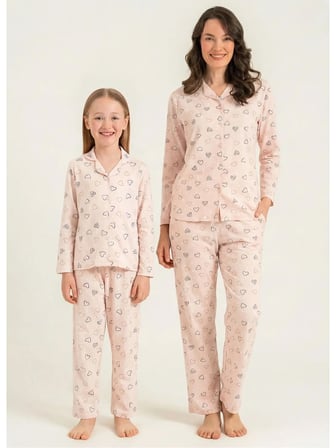 RP3903  KIZ ÇOCUK KALPLİ GÖMLEK PİJAMA TAKIMI PEMBE